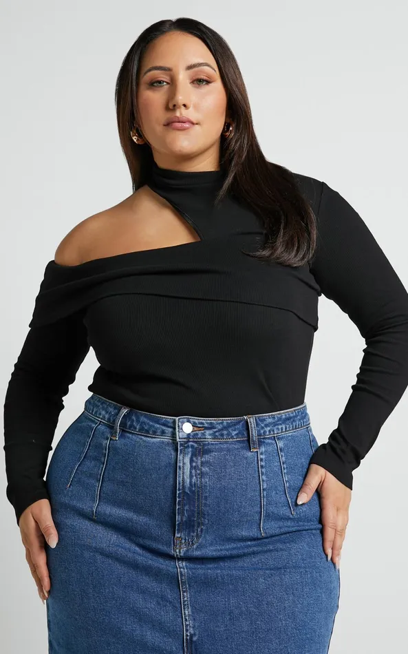 Showpo Kiefer Top 8211 Asymmetric Long Sleeve Cutout Top In Black Women Curve Clothes