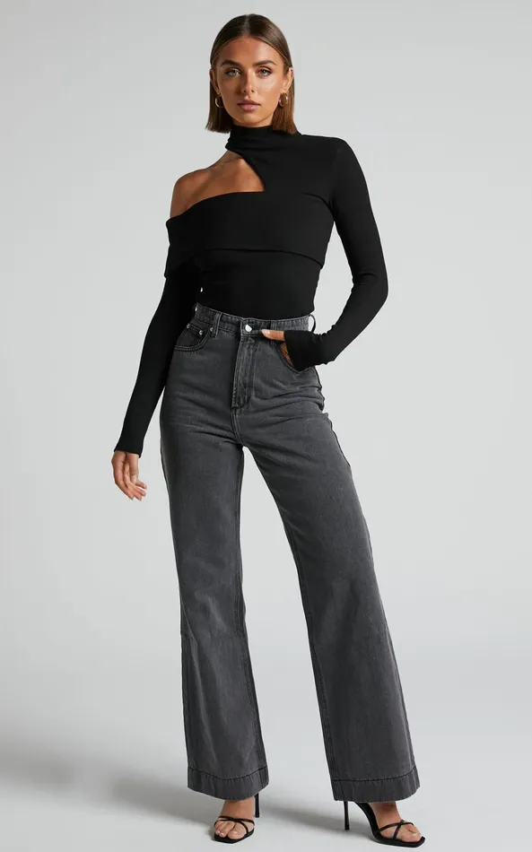 Showpo Kiefer Top 8211 Asymmetric Long Sleeve Cutout Top In Black Women Curve Clothes