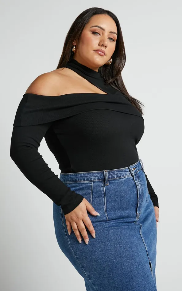 Showpo Kiefer Top 8211 Asymmetric Long Sleeve Cutout Top In Black Women Curve Clothes