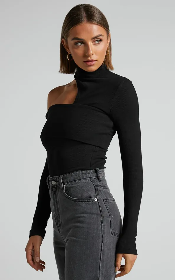 Showpo Kiefer Top 8211 Asymmetric Long Sleeve Cutout Top In Black Women Curve Clothes
