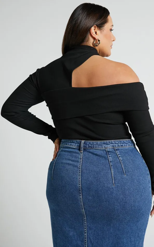 Showpo Kiefer Top 8211 Asymmetric Long Sleeve Cutout Top In Black Women Curve Clothes