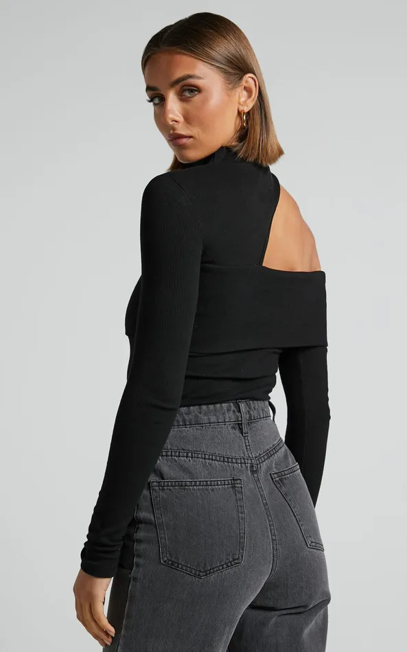 Showpo Kiefer Top 8211 Asymmetric Long Sleeve Cutout Top In Black Women Curve Clothes