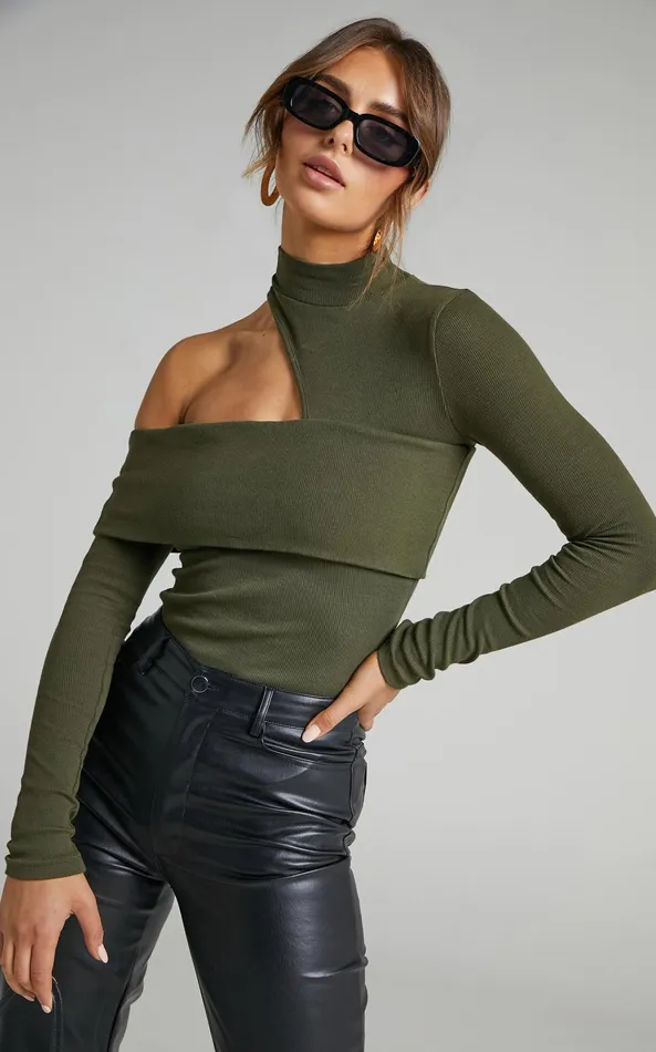 Showpo Kiefer Top 8211 Asymmetric Long Sleeve Cutout Top In Khaki Women Curve Clothes Showpo Kiefer Top 8211 Asymmetric Long Sleeve Cutout Top In Khaki Women Curve Clothes