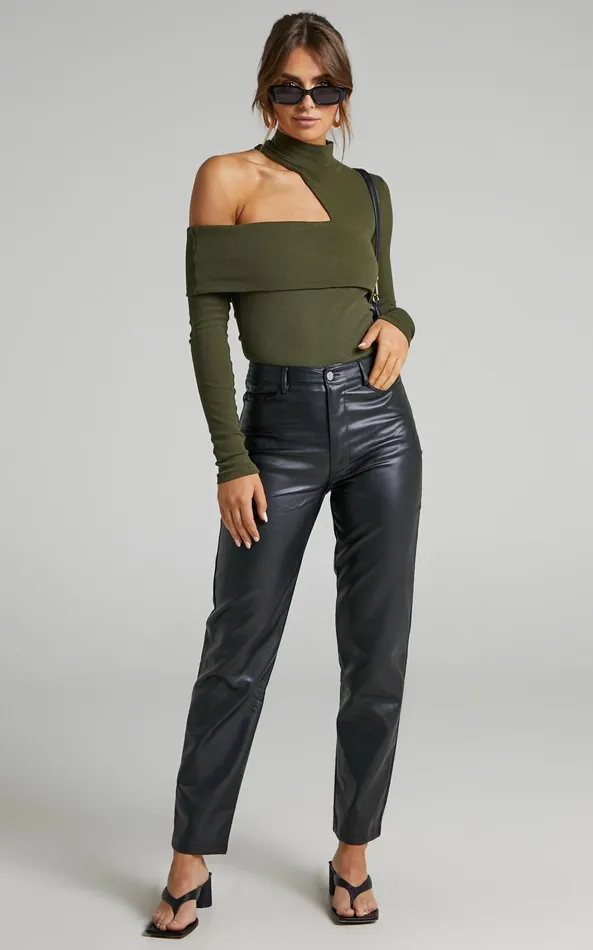 Showpo Kiefer Top 8211 Asymmetric Long Sleeve Cutout Top In Khaki Women Curve Clothes