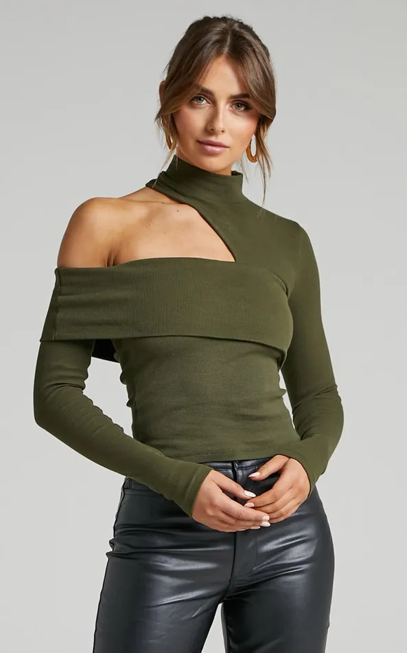 Showpo Kiefer Top 8211 Asymmetric Long Sleeve Cutout Top In Khaki Women Curve Clothes