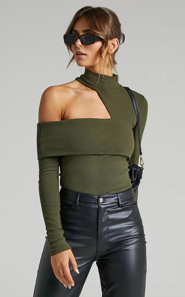 Showpo Kiefer Top 8211 Asymmetric Long Sleeve Cutout Top In Khaki Women Curve Clothes