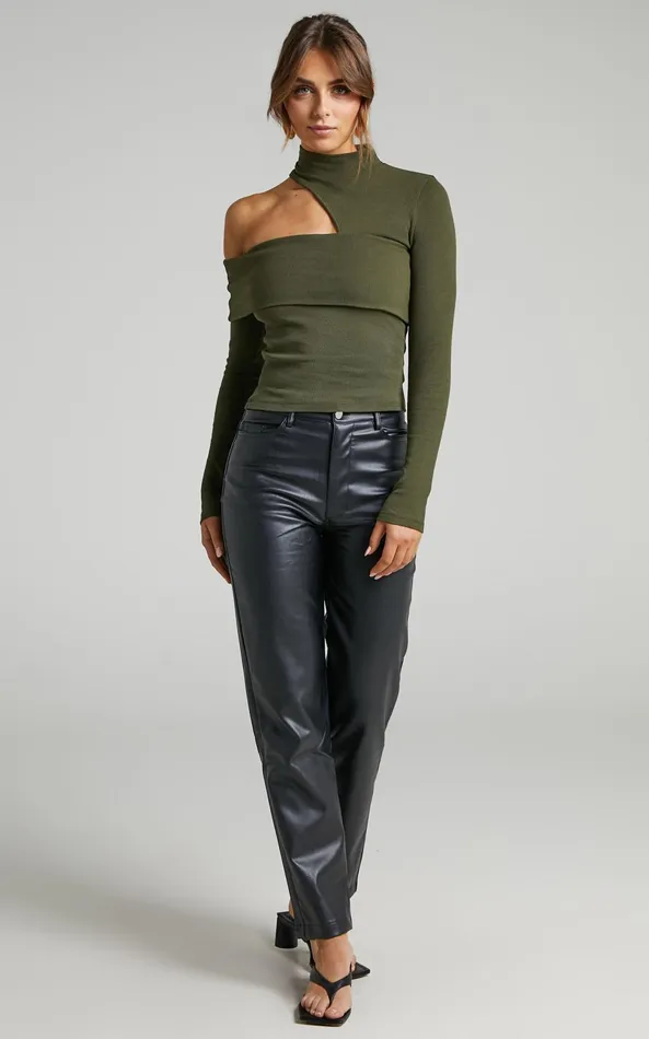 Showpo Kiefer Top 8211 Asymmetric Long Sleeve Cutout Top In Khaki Women Curve Clothes
