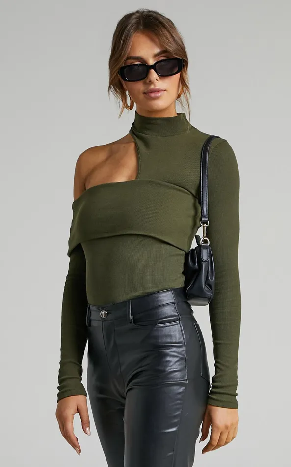 Showpo Kiefer Top 8211 Asymmetric Long Sleeve Cutout Top In Khaki Women Curve Clothes
