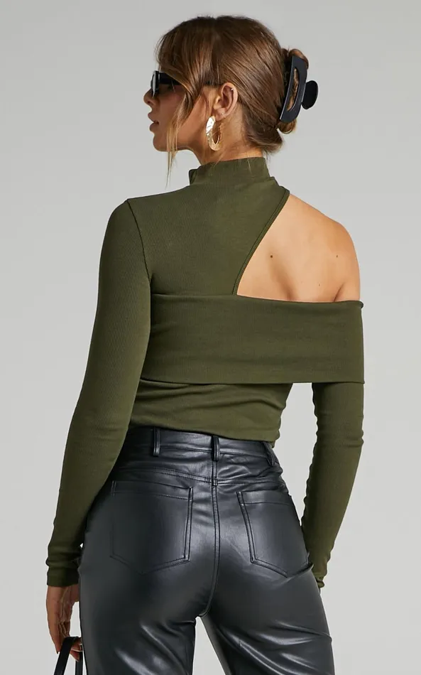 Showpo Kiefer Top 8211 Asymmetric Long Sleeve Cutout Top In Khaki Women Curve Clothes
