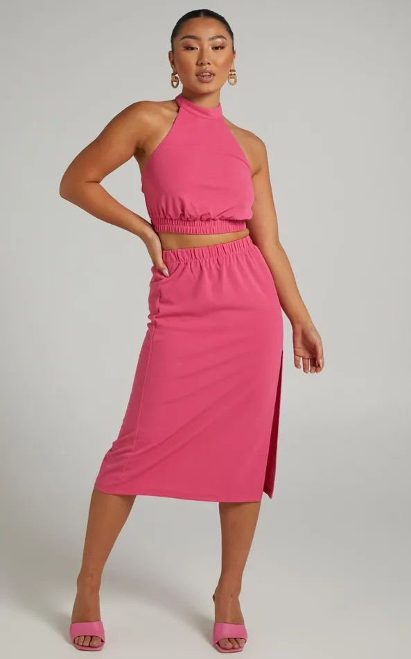 Showpo Kiki Top 8211 Halter Neck With Elastic Detailing Top In Hot Pink Women Tops