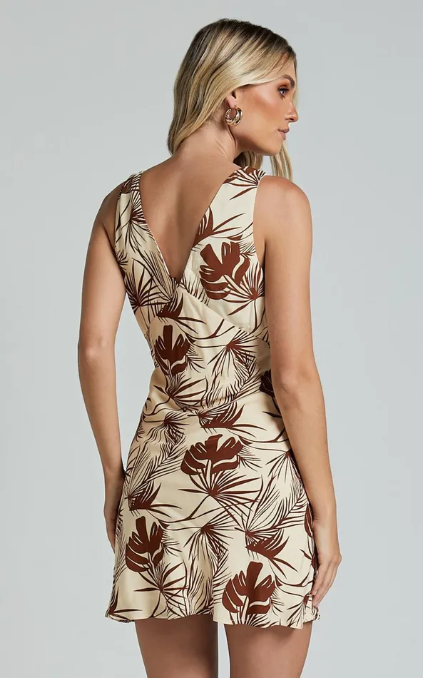 Showpo Kim Mini Dress 8211 V Neck Empire Waist A Line Dress In Beige Palm Tree Women Dresses