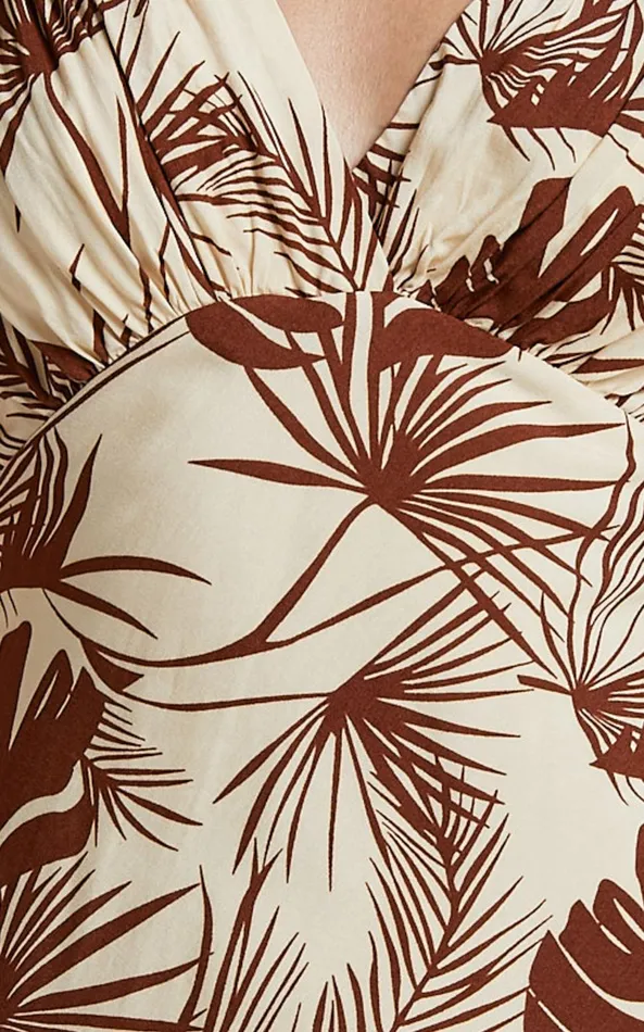 Showpo Kim Mini Dress 8211 V Neck Empire Waist A Line Dress In Beige Palm Tree Women Dresses