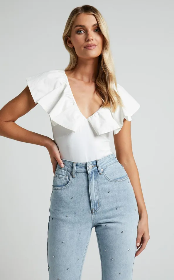Showpo Kimber Bodysuit 8211 V Neck Frill Bodysuit In White Women Tops