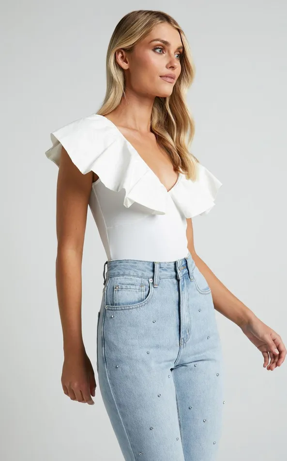 Showpo Kimber Bodysuit 8211 V Neck Frill Bodysuit In White Women Tops