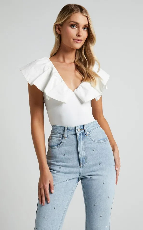 Showpo Kimber Bodysuit 8211 V Neck Frill Bodysuit In White Women Tops