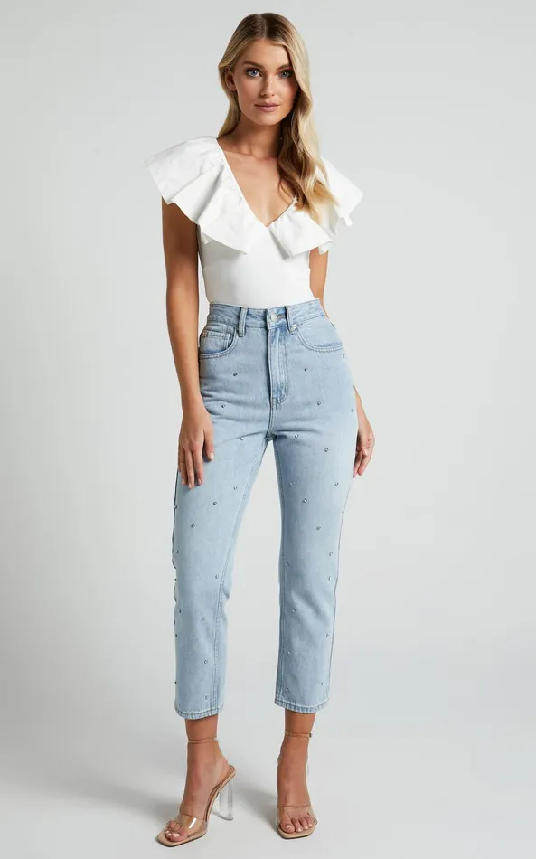Showpo Kimber Bodysuit 8211 V Neck Frill Bodysuit In White Women Tops