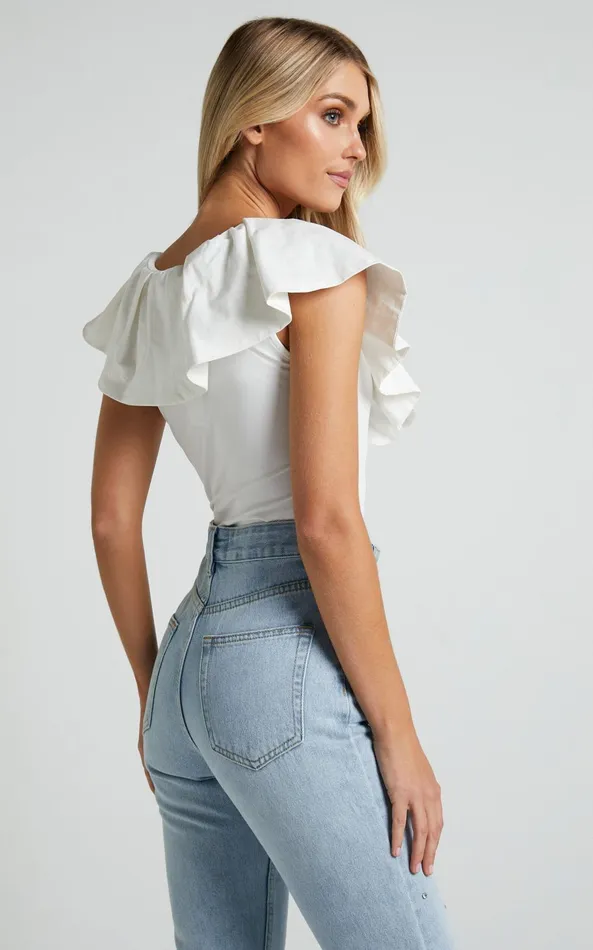 Showpo Kimber Bodysuit 8211 V Neck Frill Bodysuit In White Women Tops