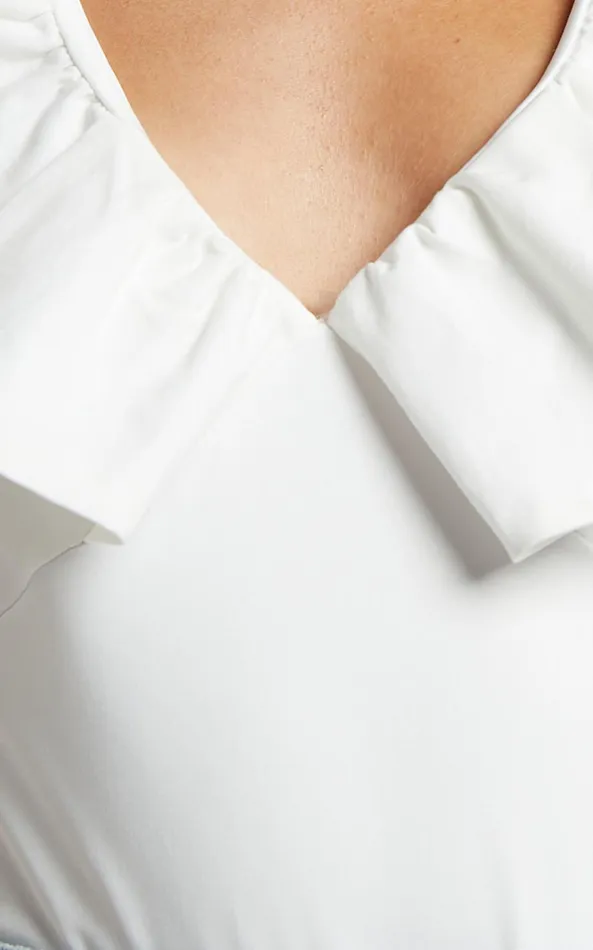 Showpo Kimber Bodysuit 8211 V Neck Frill Bodysuit In White Women Tops