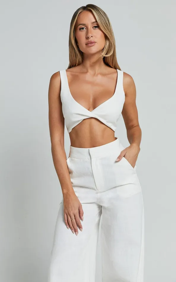 Showpo Kingston Two Piece Set 8211 Twist Front Twill And Wide Leg Pants Set In White Women Curve Clothes