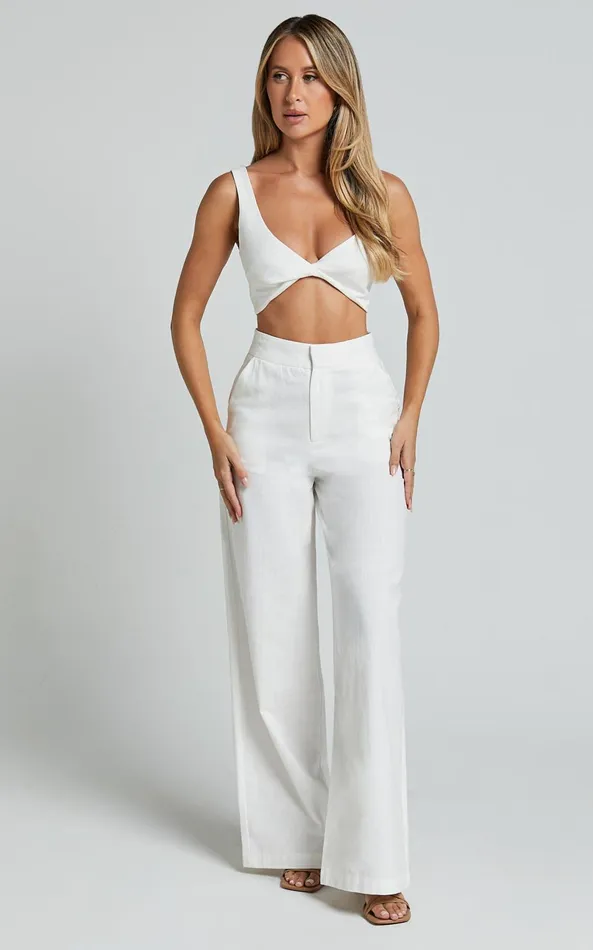 Showpo Kingston Two Piece Set 8211 Twist Front Twill And Wide Leg Pants Set In White Women Curve Clothes