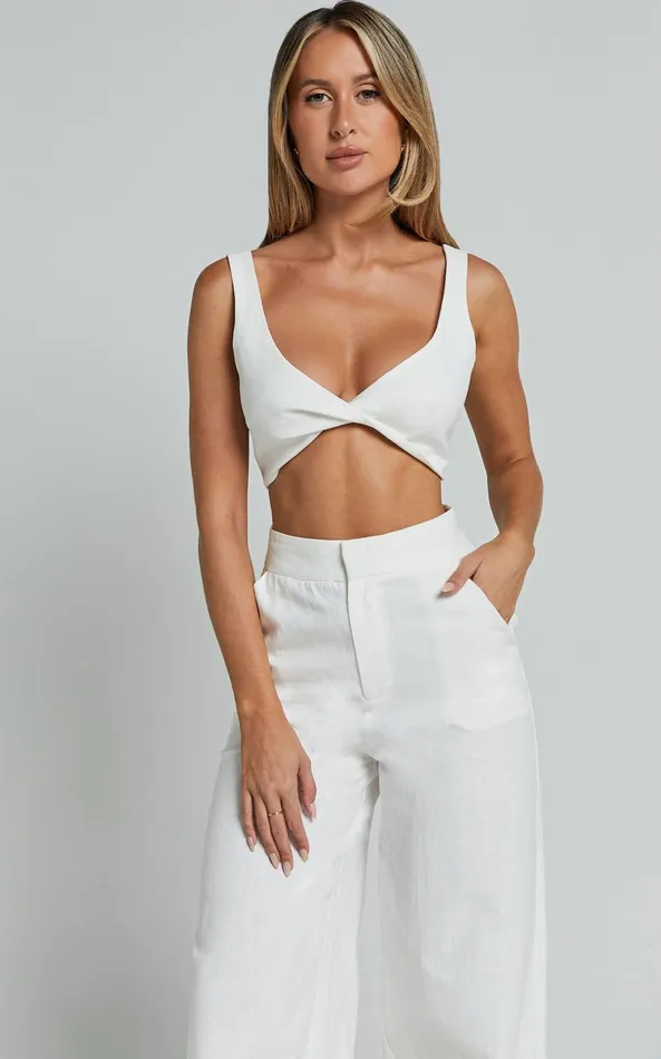 Showpo Kingston Two Piece Set 8211 Twist Front Twill And Wide Leg Pants Set In White Women Curve Clothes