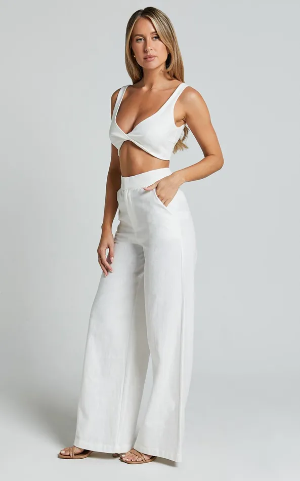 Showpo Kingston Two Piece Set 8211 Twist Front Twill And Wide Leg Pants Set In White Women Curve Clothes