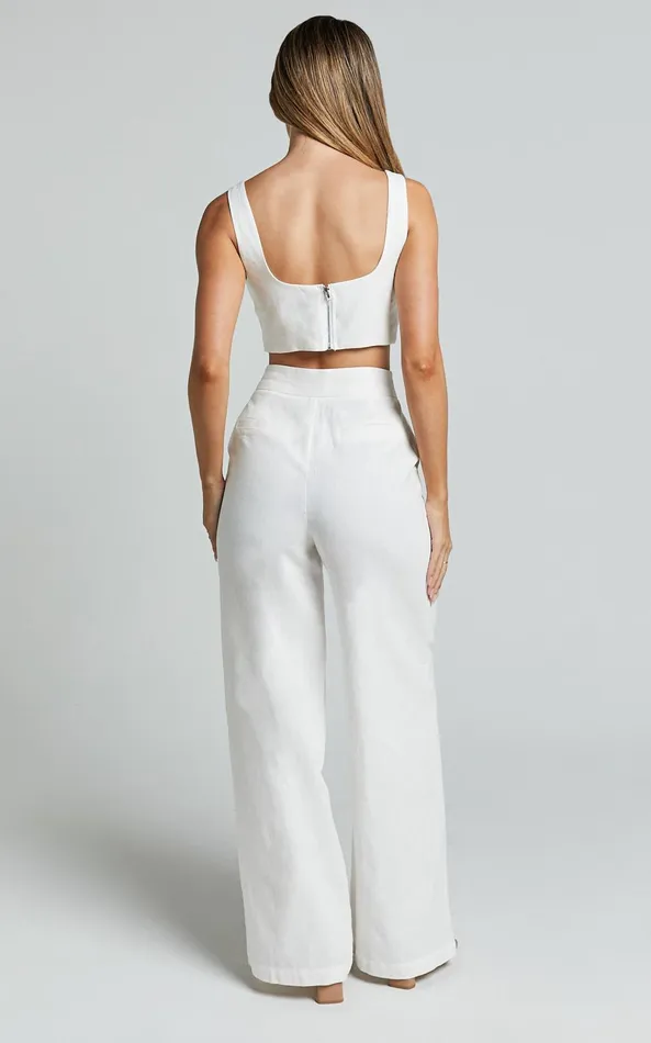 Showpo Kingston Two Piece Set 8211 Twist Front Twill And Wide Leg Pants Set In White Women Curve Clothes