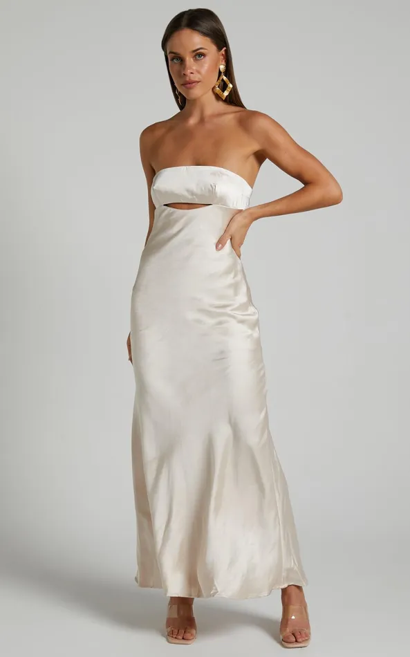 Showpo Kira Midi Dress 8211 Strapless Cut Out Satin Dress In Champagne Women Dresses Showpo Kira Midi Dress 8211 Strapless Cut Out Satin Dress In Champagne Women Dresses