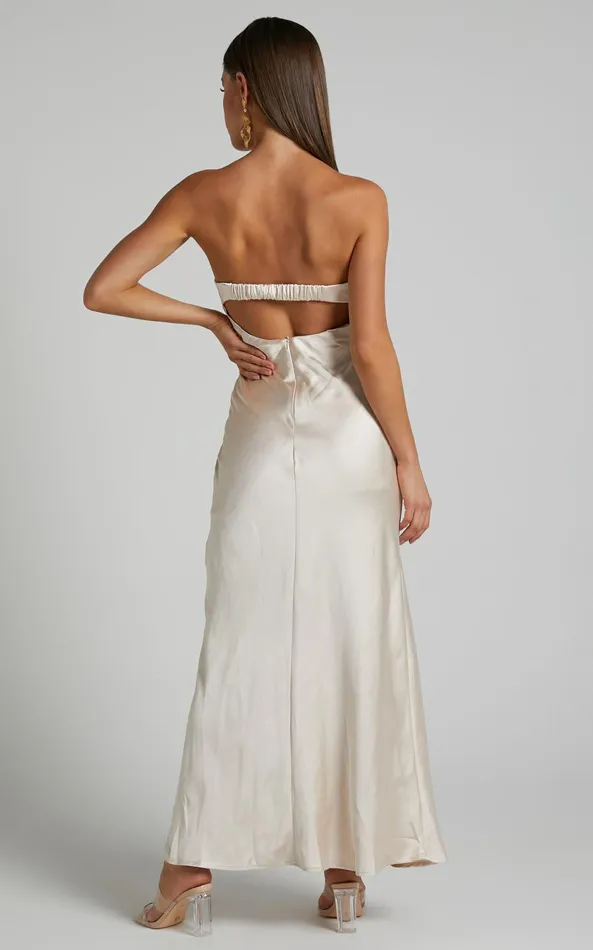 Showpo Kira Midi Dress 8211 Strapless Cut Out Satin Dress In Champagne Women Dresses