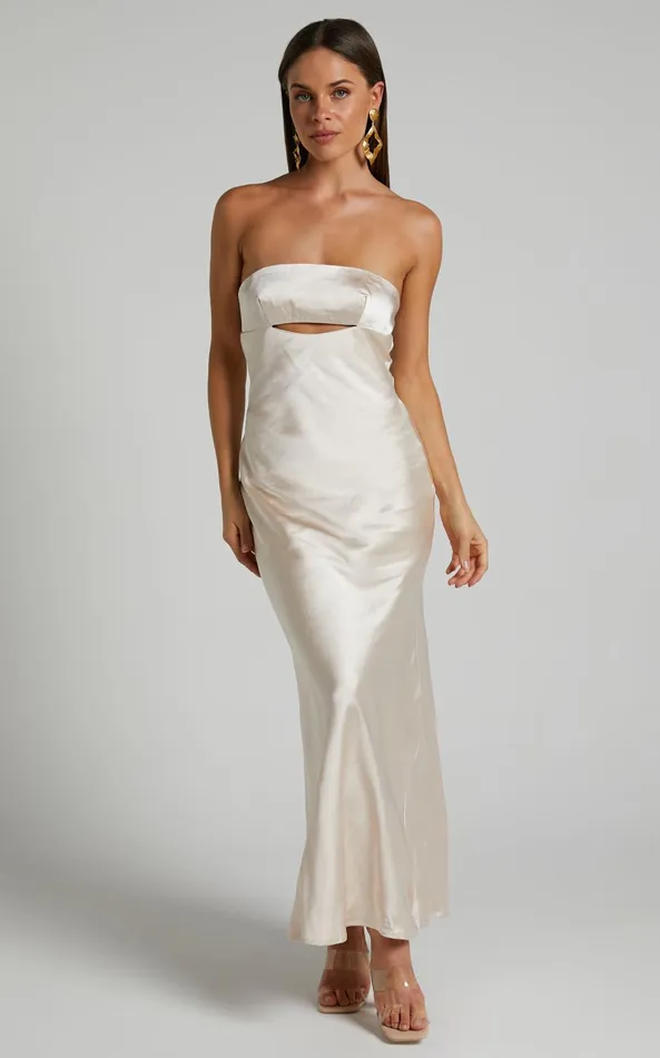 Showpo Kira Midi Dress 8211 Strapless Cut Out Satin Dress In Champagne Women Dresses