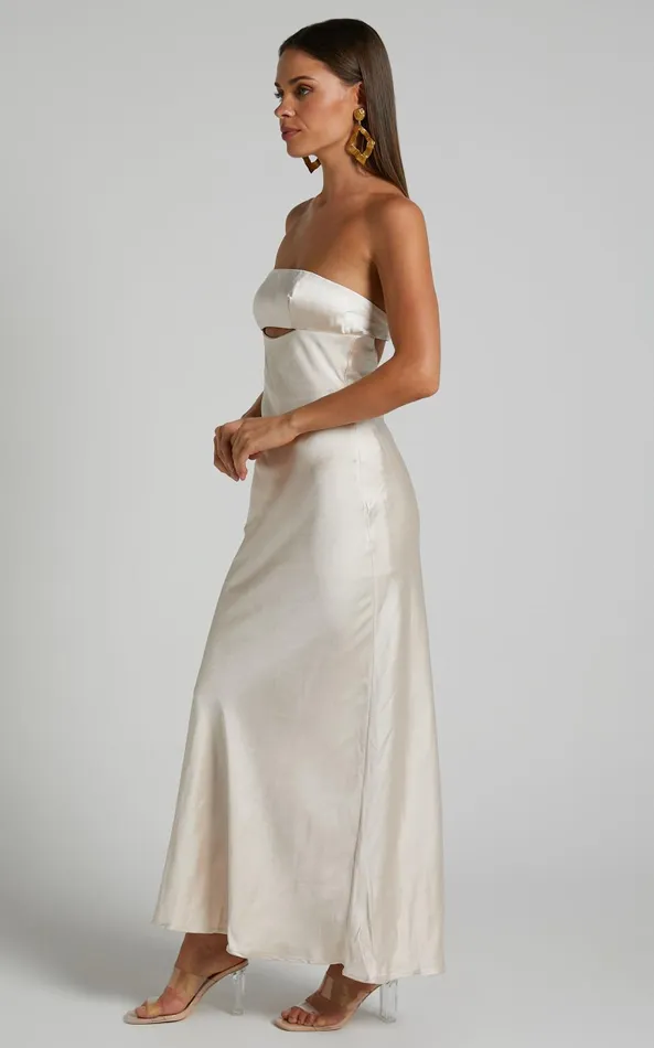 Showpo Kira Midi Dress 8211 Strapless Cut Out Satin Dress In Champagne Women Dresses