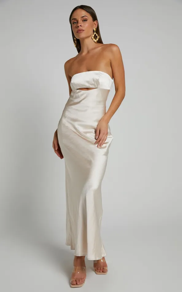 Showpo Kira Midi Dress 8211 Strapless Cut Out Satin Dress In Champagne Women Dresses