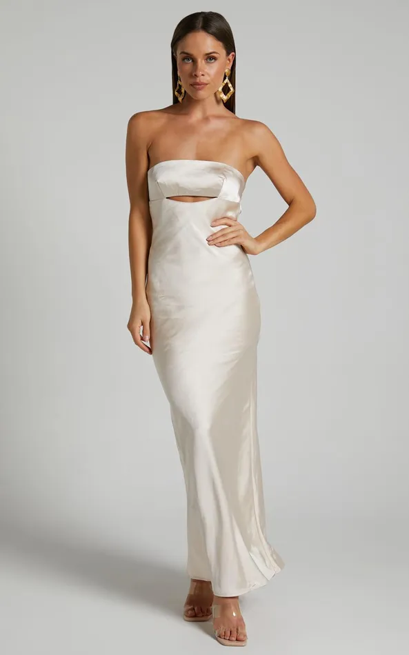 Showpo Kira Midi Dress 8211 Strapless Cut Out Satin Dress In Champagne Women Dresses