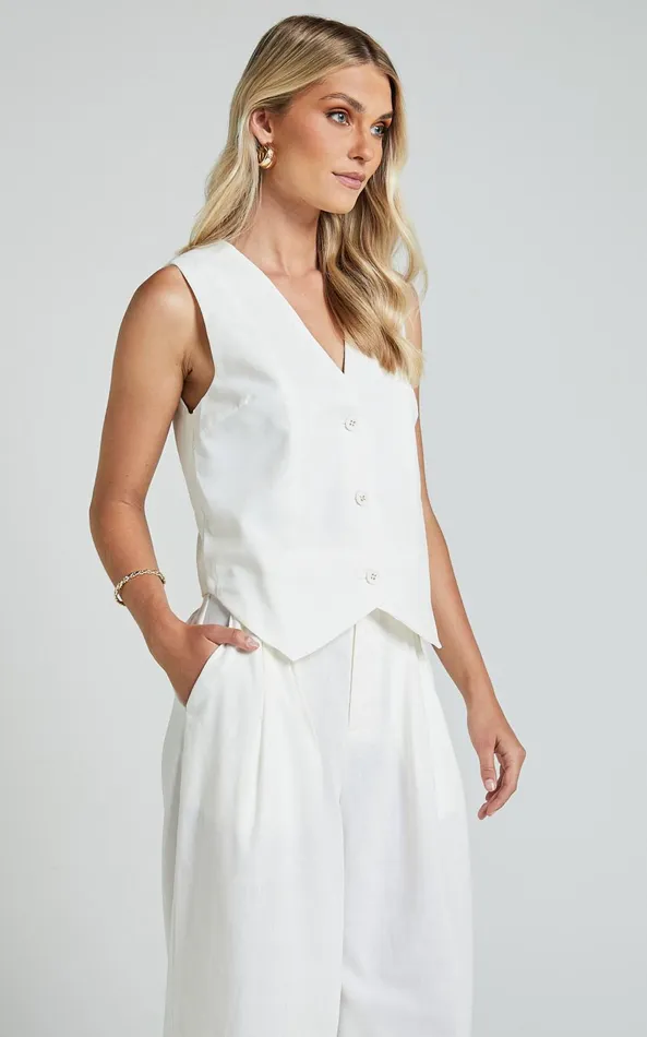 Showpo Kiraye Top 8211 Linen Look Button Through Vest In Off White Women Tops