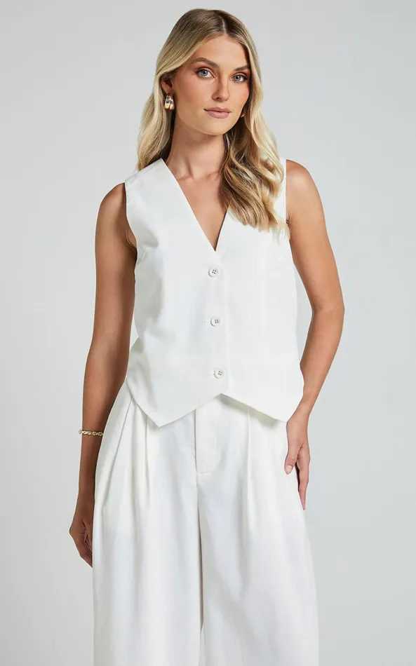 Showpo Kiraye Top 8211 Linen Look Button Through Vest In Off White Women Tops