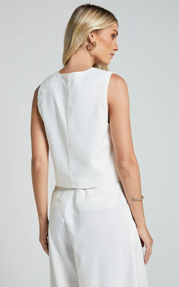 Showpo Kiraye Top 8211 Linen Look Button Through Vest In Off White Women Tops
