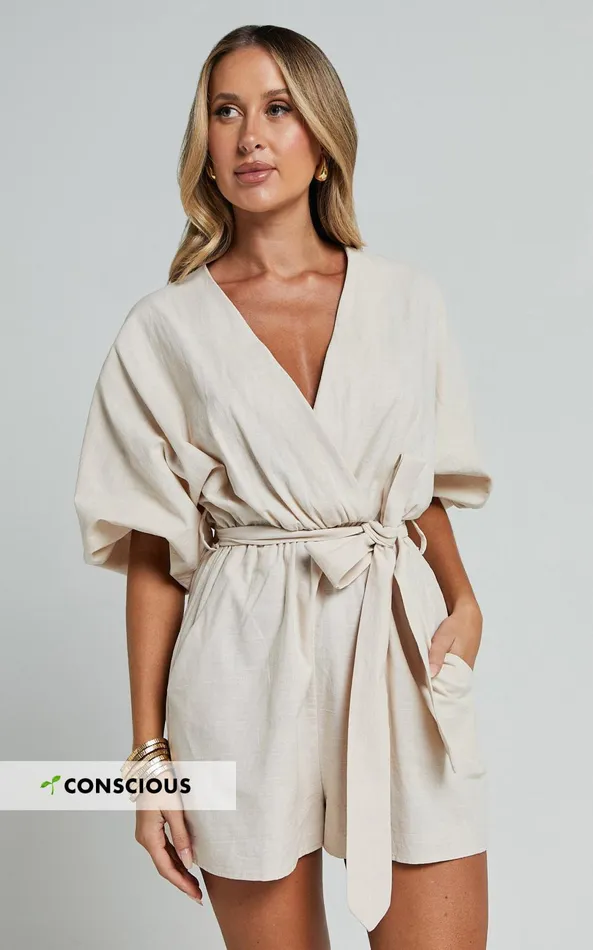 Showpo Kiro Playsuit 8211 Linen Look V Neck Puff Sleeve Tie Waist Playsuit In Biscuit Women Shop Conscious Showpo Kiro Playsuit 8211 Linen Look V Neck Puff Sleeve Tie Waist Playsuit In Biscuit Women Shop Conscious