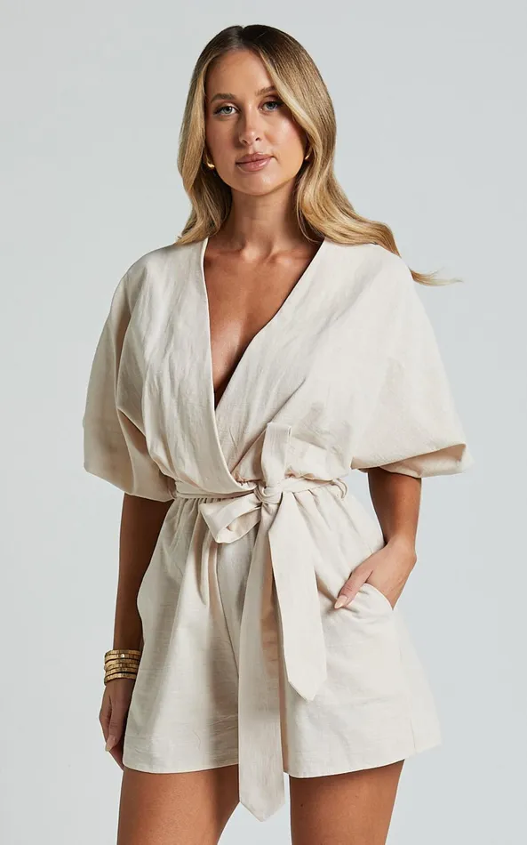 Showpo Kiro Playsuit 8211 Linen Look V Neck Puff Sleeve Tie Waist Playsuit In Biscuit Women Shop Conscious
