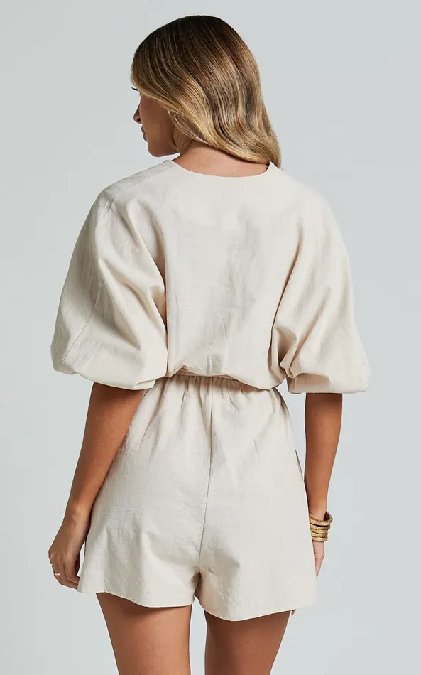 Showpo Kiro Playsuit 8211 Linen Look V Neck Puff Sleeve Tie Waist Playsuit In Biscuit Women Shop Conscious
