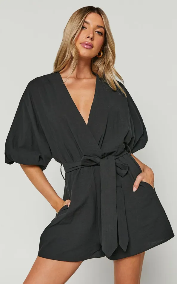 Showpo Kiro Playsuit 8211 Linen Look V Neck Puff Sleeve Tie Waist Playsuit In Black Women Curve Clothes Showpo Kiro Playsuit 8211 Linen Look V Neck Puff Sleeve Tie Waist Playsuit In Black Women Curve Clothes