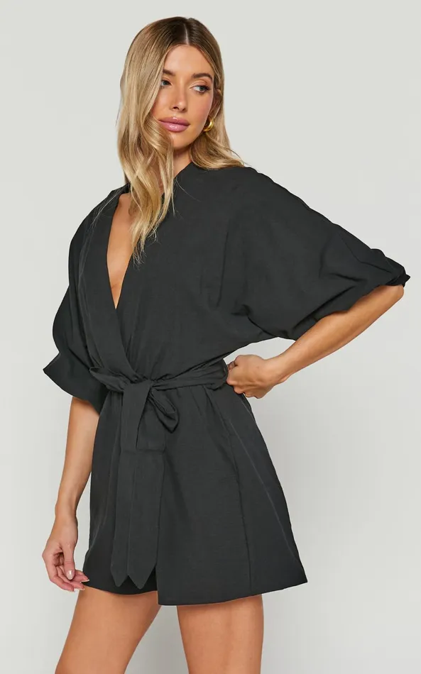 Showpo Kiro Playsuit 8211 Linen Look V Neck Puff Sleeve Tie Waist Playsuit In Black Women Curve Clothes