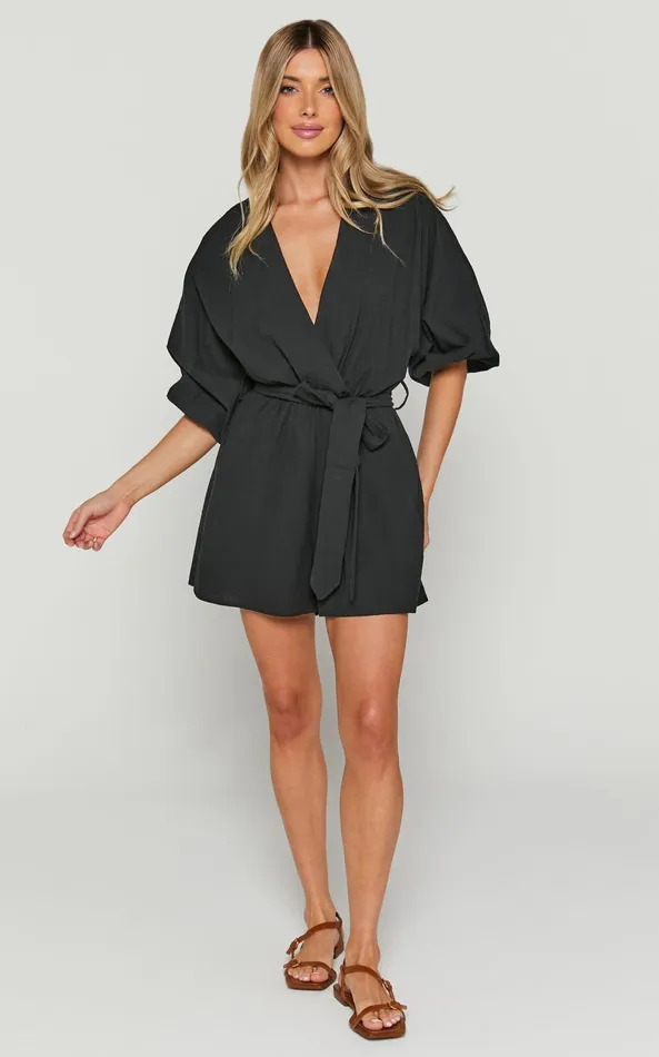 Showpo Kiro Playsuit 8211 Linen Look V Neck Puff Sleeve Tie Waist Playsuit In Black Women Curve Clothes