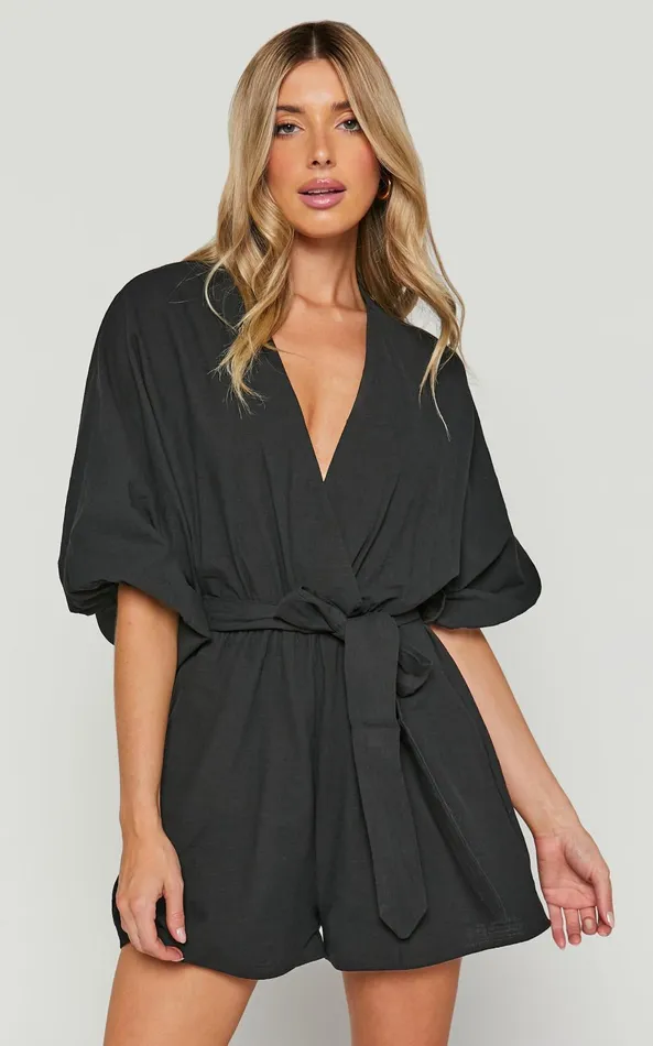 Showpo Kiro Playsuit 8211 Linen Look V Neck Puff Sleeve Tie Waist Playsuit In Black Women Curve Clothes