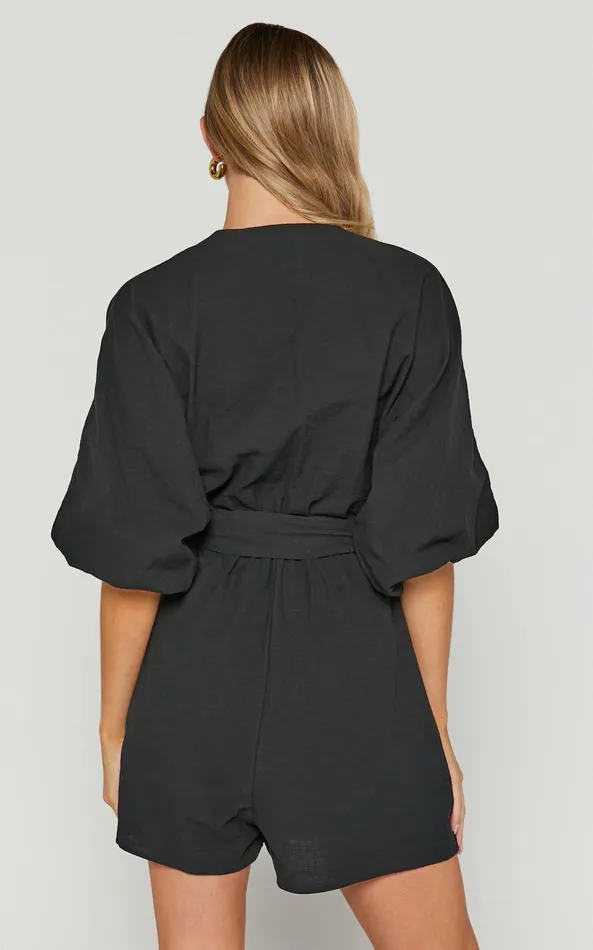 Showpo Kiro Playsuit 8211 Linen Look V Neck Puff Sleeve Tie Waist Playsuit In Black Women Curve Clothes