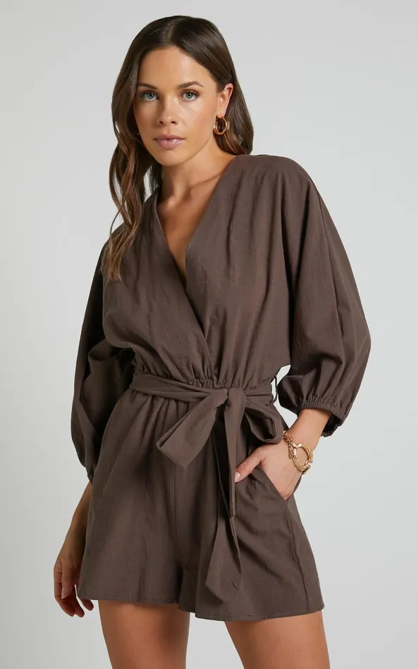 Showpo Kiro Playsuit 8211 Linen Look V Neck Puff Sleeve Tie Waist Playsuit In Chocolate Women Curve Clothes Showpo Kiro Playsuit 8211 Linen Look V Neck Puff Sleeve Tie Waist Playsuit In Chocolate Women Curve Clothes