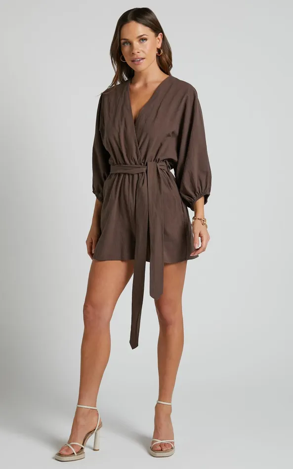 Showpo Kiro Playsuit 8211 Linen Look V Neck Puff Sleeve Tie Waist Playsuit In Chocolate Women Curve Clothes