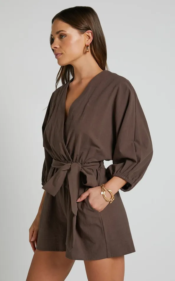 Showpo Kiro Playsuit 8211 Linen Look V Neck Puff Sleeve Tie Waist Playsuit In Chocolate Women Curve Clothes