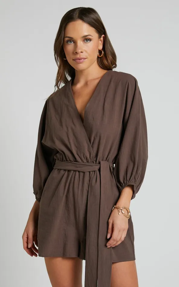 Showpo Kiro Playsuit 8211 Linen Look V Neck Puff Sleeve Tie Waist Playsuit In Chocolate Women Curve Clothes