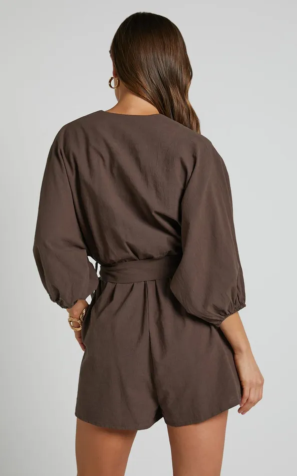 Showpo Kiro Playsuit 8211 Linen Look V Neck Puff Sleeve Tie Waist Playsuit In Chocolate Women Curve Clothes