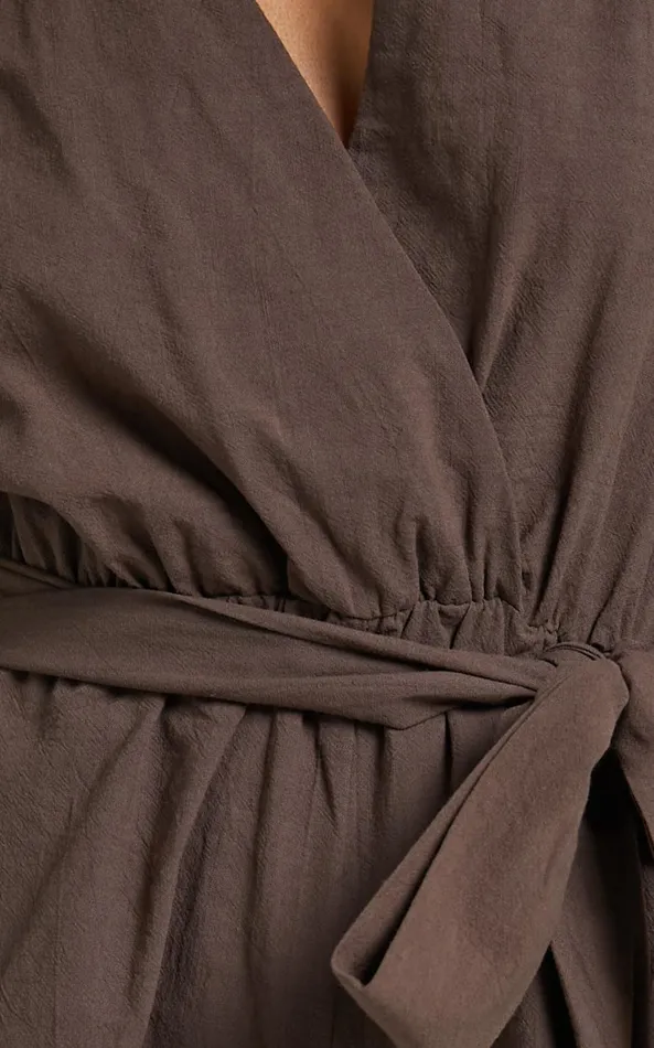 Showpo Kiro Playsuit 8211 Linen Look V Neck Puff Sleeve Tie Waist Playsuit In Chocolate Women Curve Clothes